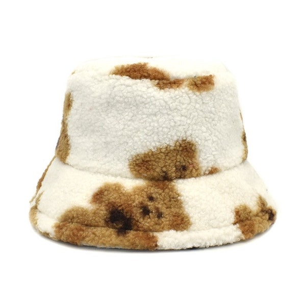 Ours en peluche Faux Sherpa Bucket Hat | Matériel flou | Imprimé animal | Chapeau de pêcheur | Panama Chapeau Fuzzy Sassy
