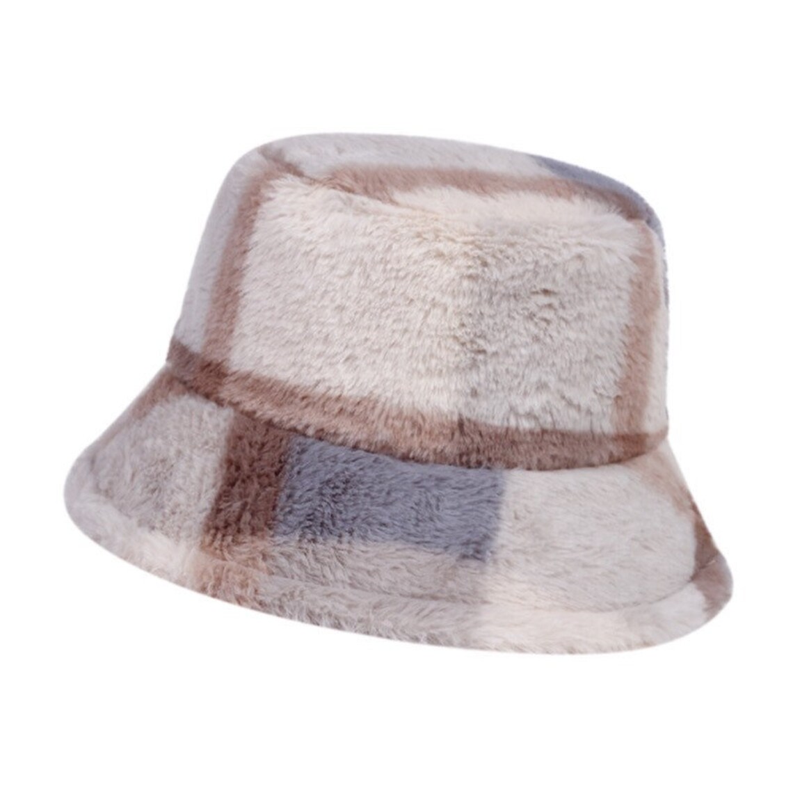 Checkered Faux Fur Bucket Hat Plush Material Plaid Print - Etsy UK