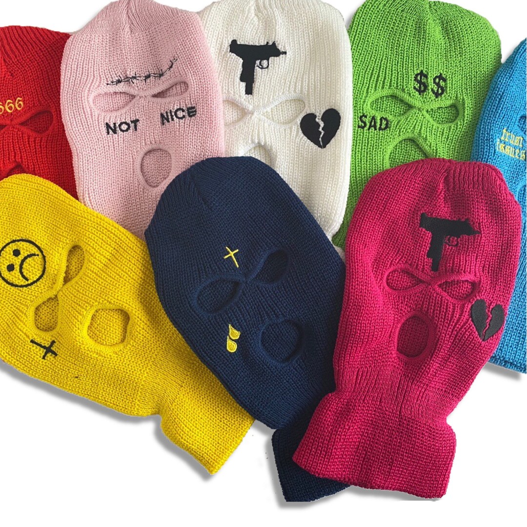 Embroidered 3 Hole Ski Mask Knitted Balaclava Snood Wooly Hat Winter
