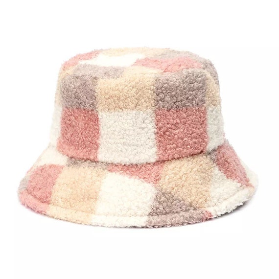Checkered Teddy Sherpa Fur Bucket Hat 