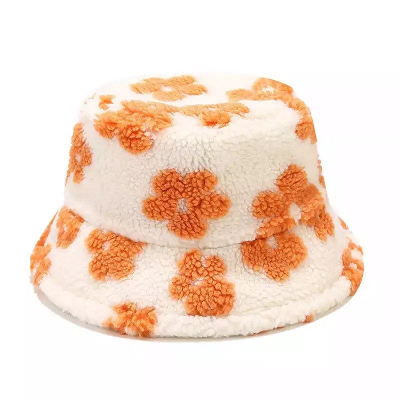 Floral Flower Faux Sherpa Bucket Hat 