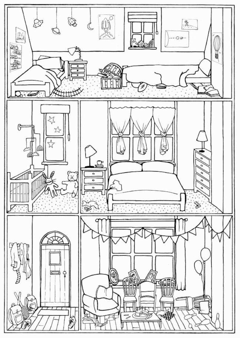 BUNDLE of 4 colouring pages house interiors instant download, print, colour and play image 5