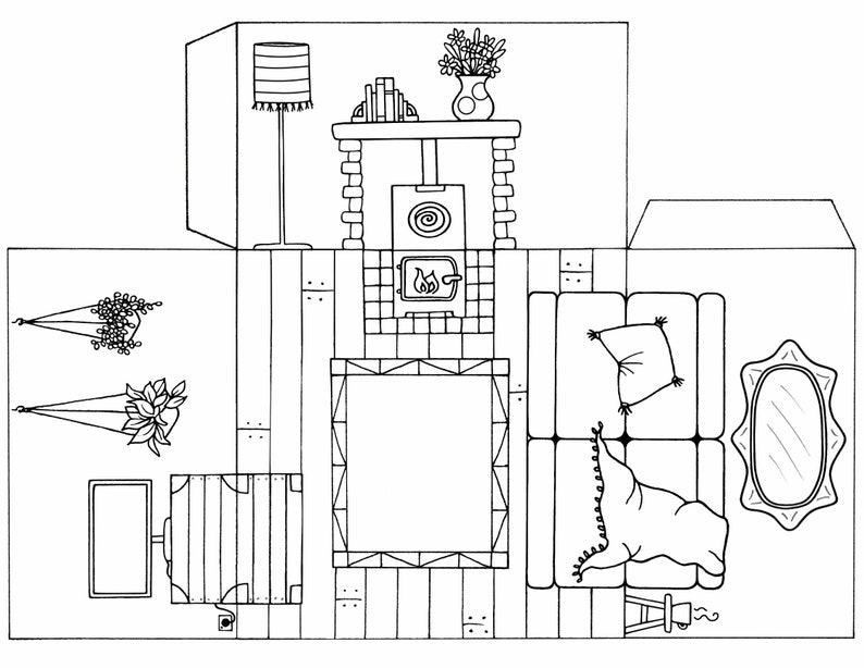 Paper doll house living room coloring page