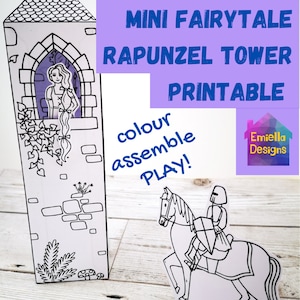 Mini torre de papel de cuento de hadas Rapunzel con princesa y caballero para colorear y crear