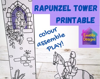 Mini paper fairytale Rapunzel tower with princess and knight to color and craft