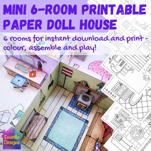 Printable mini paper DOLLSHOUSE kit - bundle of 6 pop-up rooms to color and assemble