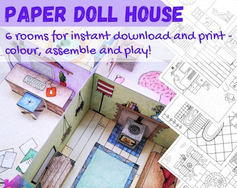 Printable mini paper DOLLSHOUSE - bundle of 6 pop-up rooms to color and assemble