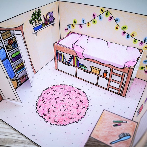 Pop-up paper dolls house bedroom printable kids craft - with bed, wardrobe and dresser