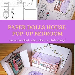 Pop-up paper dolls house bedroom printable colour cut fold | Etsy