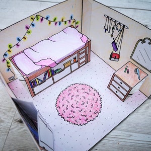 Paper dollhouse bedroom printable with pop-up features