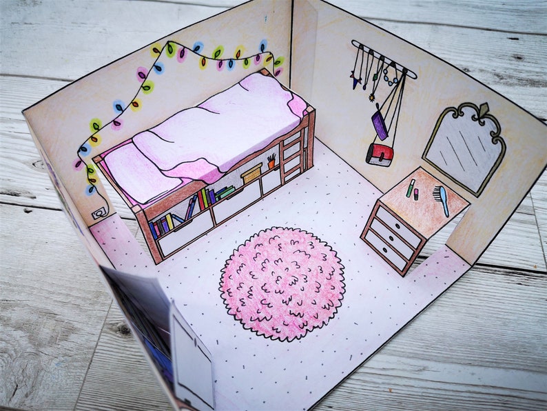 Paper dollhouse bedroom printable with pop-up features