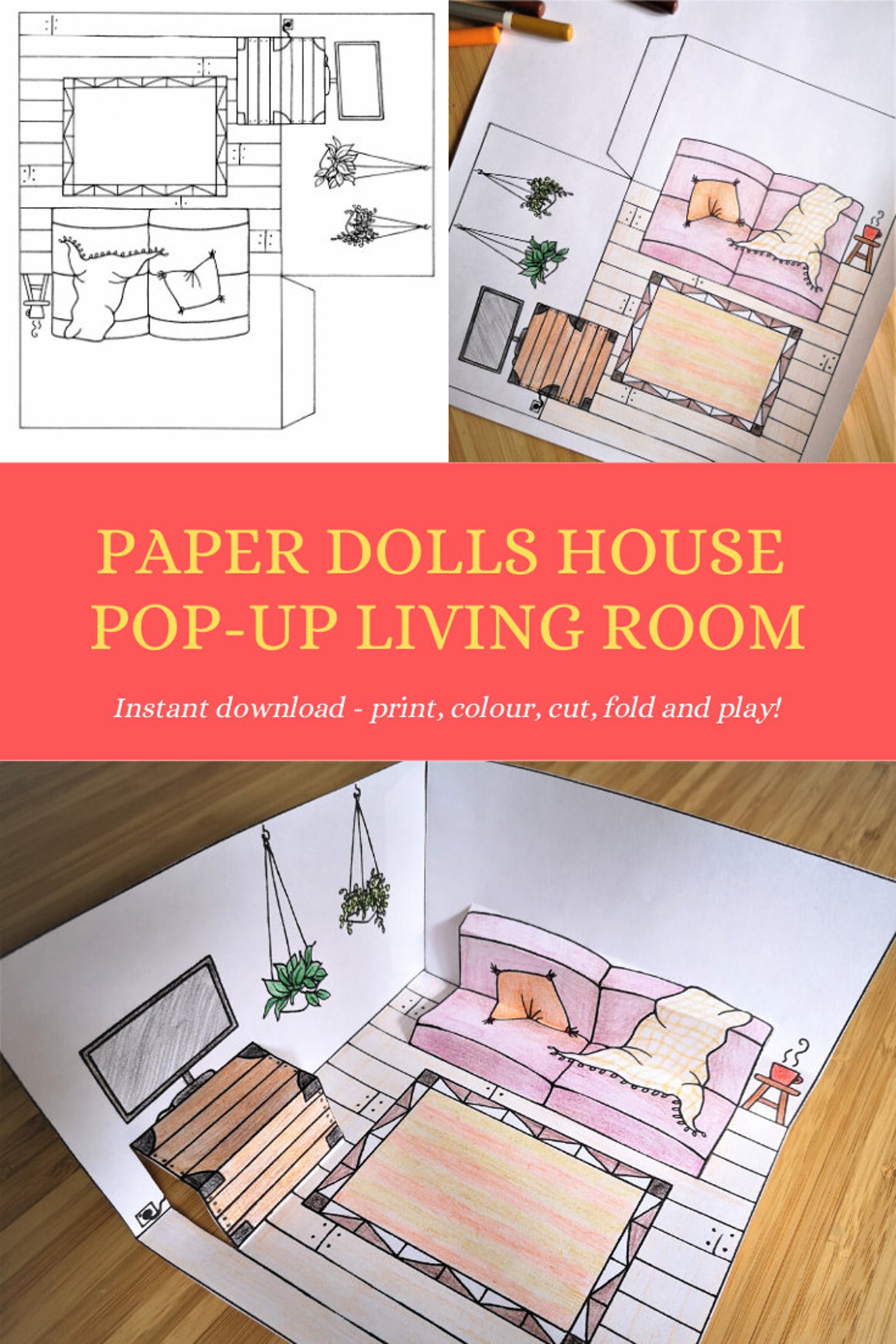 Pop-up paper dolls house living room printable with plants | Etsy