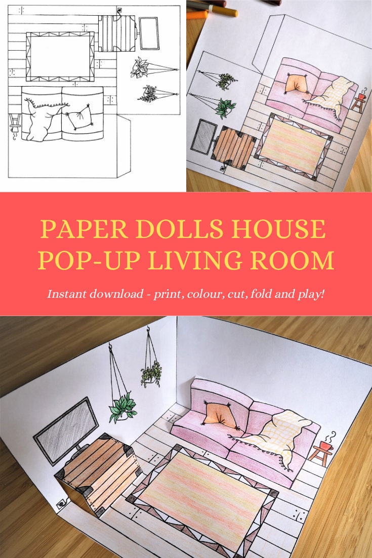Popup paper dolls house living room printable with plants Etsy