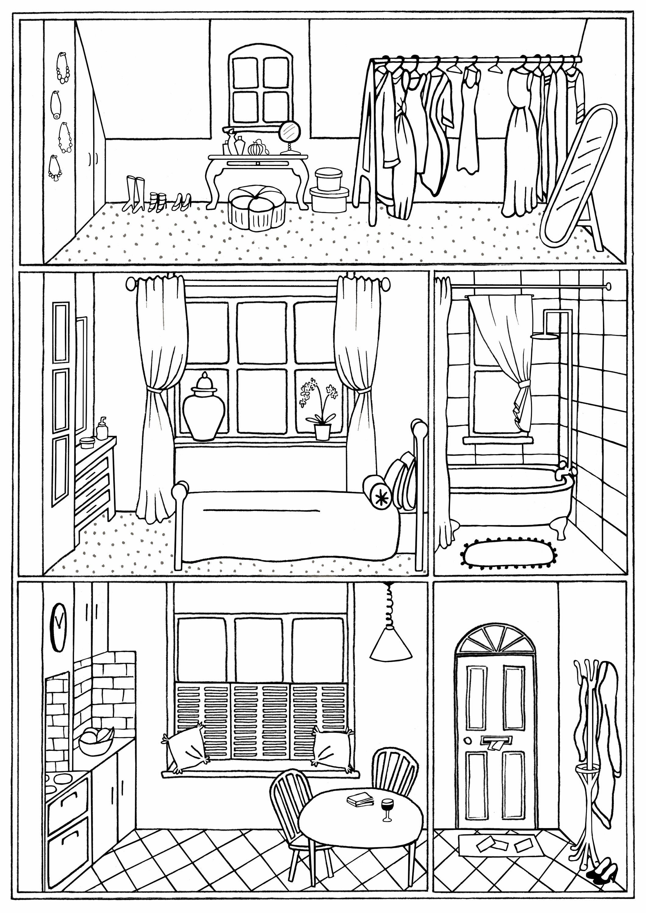 House interior colouring page no.22 line drawing download | Etsy