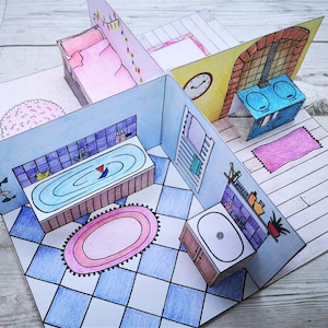 Printable Mini Paper DOLLSHOUSE Kit - Bundle of 4 Pop-up Rooms to Color ...