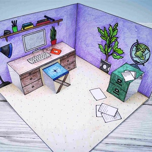 Pop-up papier poupées maison diorama étude/bureau imprimable enfants artisanat