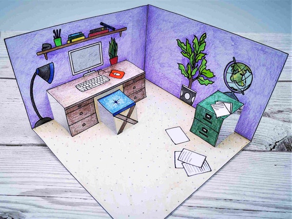 Pop-up Paper Dolls House Diorama Study/office Printable Kids