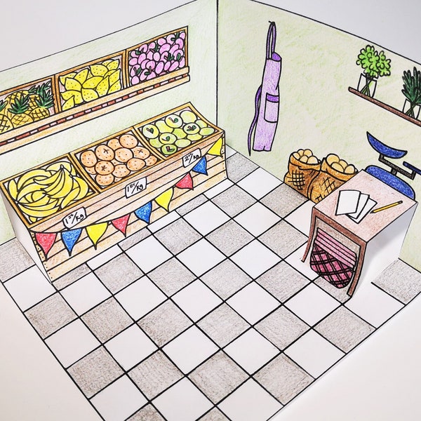 Paper pop-up grocers / grocery store dolls house - printable - color, cut, fold and play!