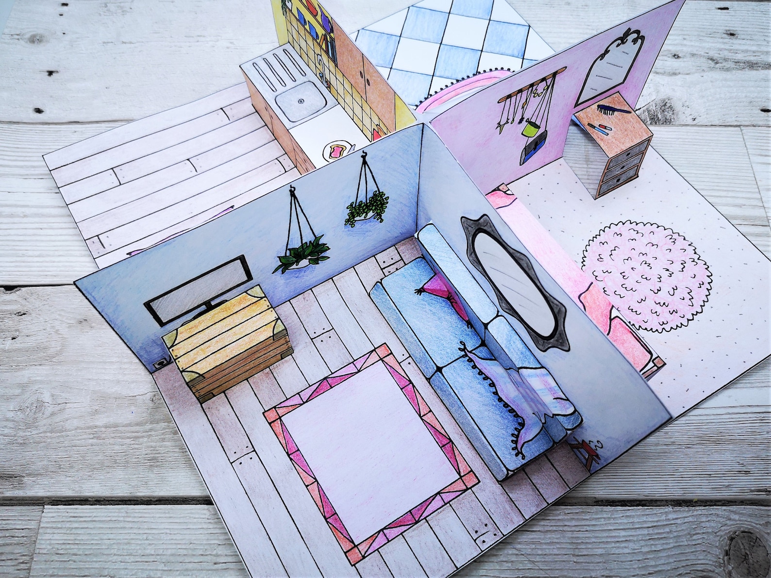 Printable Mini Paper DOLLSHOUSE Kit - Bundle of 4 Pop-up Rooms to Color ...