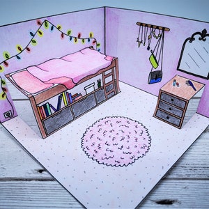 Pop-up Paper Dolls House Bedroom Printable Kids Craft - With Bed and ...