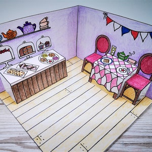 Paper pop-up cafe / tea shop / cake shop dolls house room diorama - printable kids craft