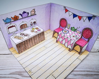 Paper pop-up cafe / tea shop / cake shop dolls house room diorama - printable kids craft