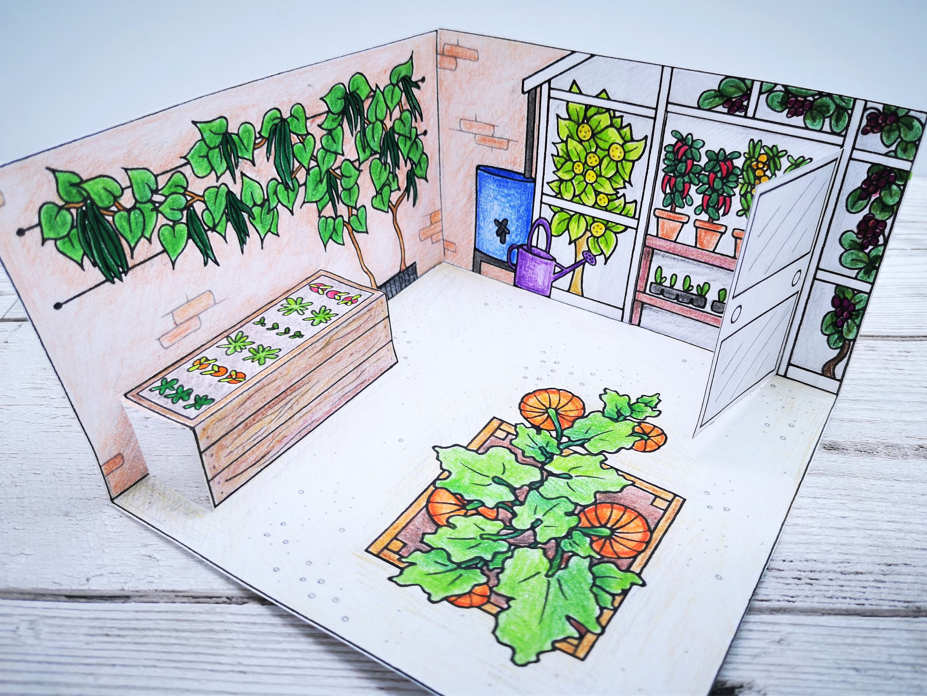 Printable mini walled vegetable garden diorama - dollshouse kids craft