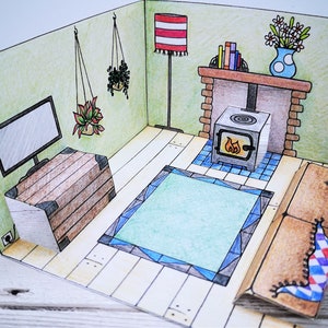 Paper doll house living room with pop-up couch, fireplace, cabinet - easy printable kids craft