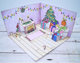 Christmas pop-up printable craft for kids, with fireplace, Christmas tree and Christmas presents