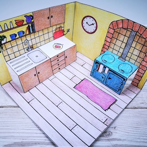 Pop-up poppenhuiskeuken - afdrukbaar papiermodel