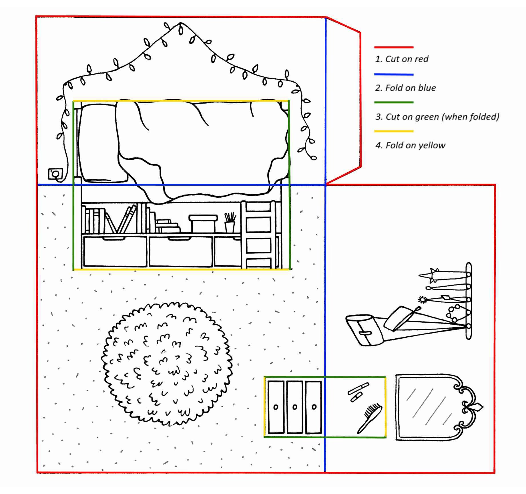 Pop-up Paper Dolls House Bedroom Printable Kids Craft - With Bed and ...