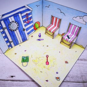 Mini printable beach / seaside diorama kids craft - with beach hut and deck chairs