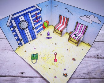 Mini printable beach / seaside diorama kids craft - with beach hut and deck chairs