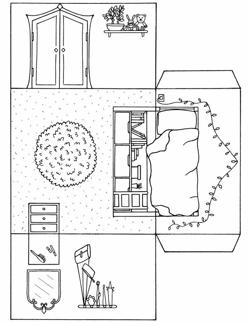 Paper doll house bedroom printable coloring page