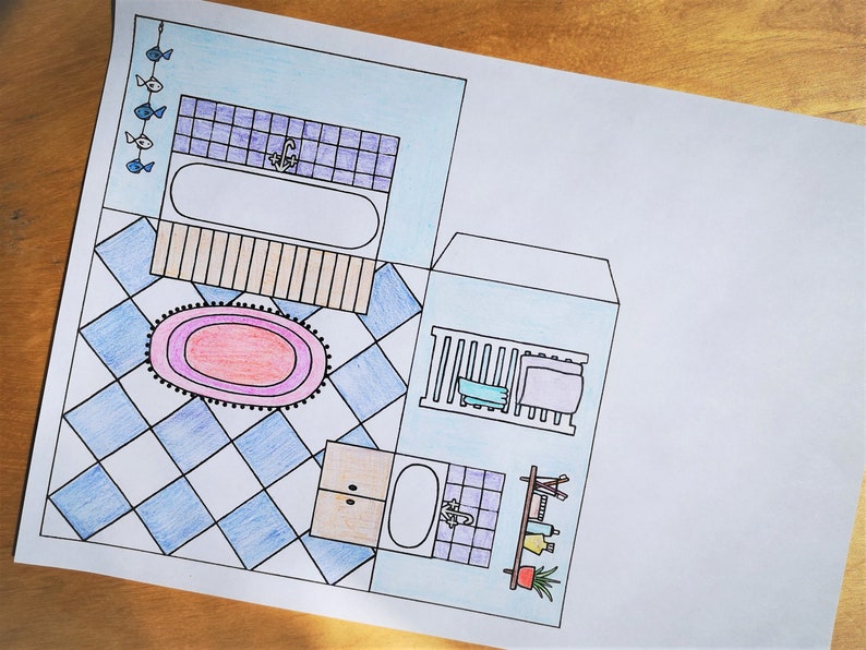 Popup paper dolls house bathroom printable colour cut Etsy