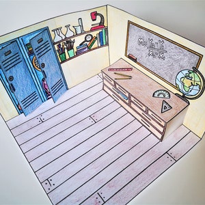 Mini-klaslokaal poppenhuis printbaar pop-up knutselwerkje - kleur, knip, vouw en speel!