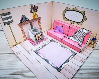 Manualidad para colorear imprimible con salón de casa de muñecas de papel emergente, con sofá y estufa de leña