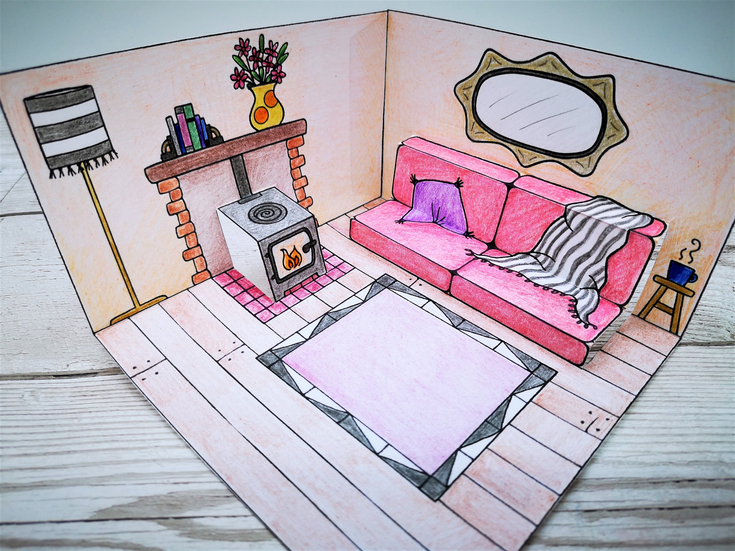 Popup Paper Dollshouse Lounge Printable Colouring Craft Etsy