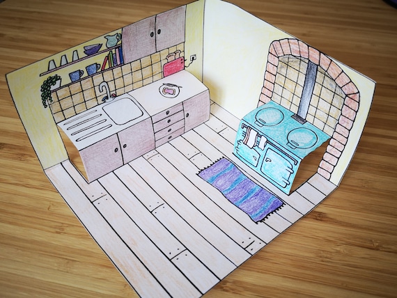 pop up paper dolls house kitchen printable colour cut fold etsy