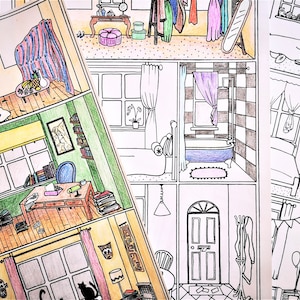 PAQUETE de 4 páginas para colorear de interiores de casas: descarga instantánea, imprime, colorea y juega imagen 1