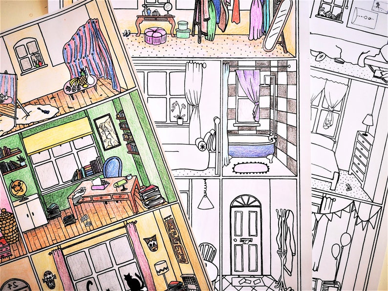 BUNDLE of 4 colouring pages house interiors instant download, print, colour and play image 1