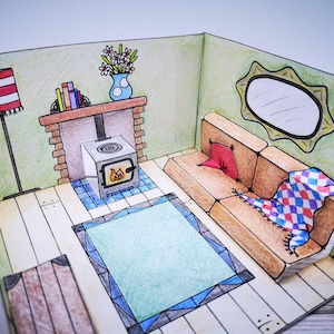 Sala de estar emergente de mini casa de muñecas de papel - manualidad infantil imprimible