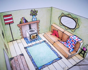 Pop-up mini paper dollshouse living room - printable kids craft