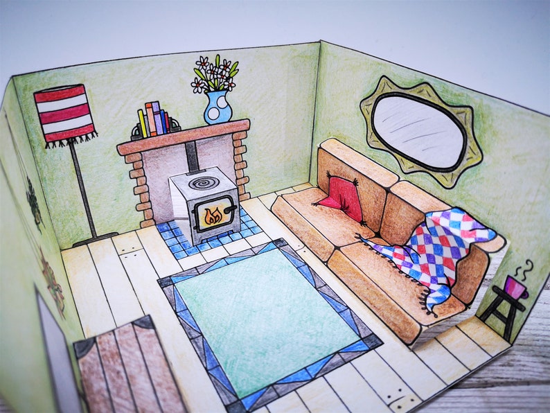 Doll house living room printable craft pop-up diorama with couch, wood burner and cabinet