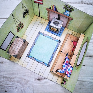 Paper doll house living room with pop-up couch, fireplace, cabinet - easy printable kids craft