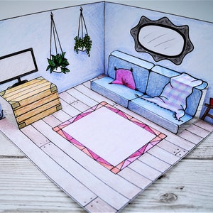 Casa de muñecas de papel emergente, diorama, sala de estar, manualidad para niños imprimible, con sofá/sofá y plantas.