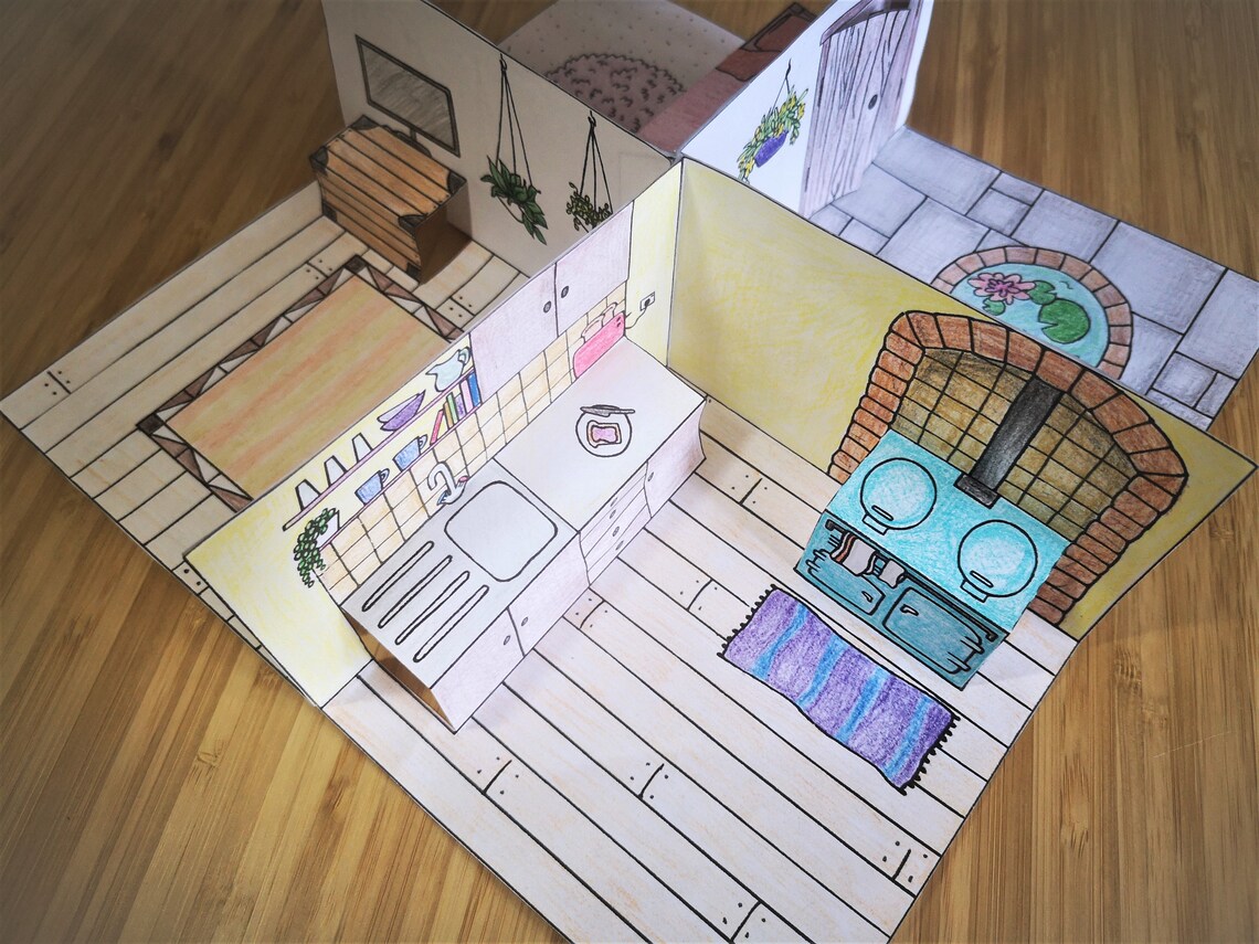 Popup Paper Dolls House Kitchen Printable Colour Cut Fold Etsy UK