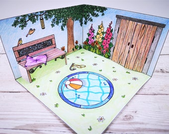 Puppenhaus Diorama Rasengarten zum Ausdrucken - Papier Pop-up Kinder Basteln