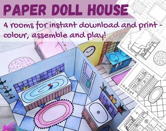 Printable mini paper DOLLSHOUSE kit - bundle of 4 pop-up rooms to color and assemble