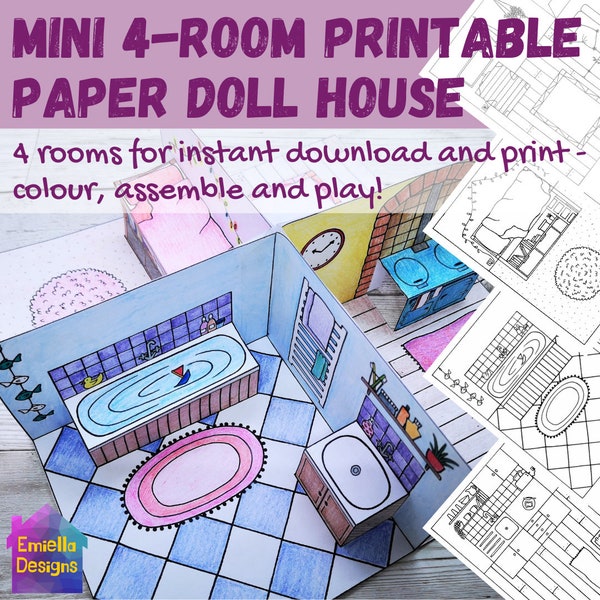 Printable mini paper DOLLSHOUSE kit - bundle of 4 pop-up rooms to color and assemble